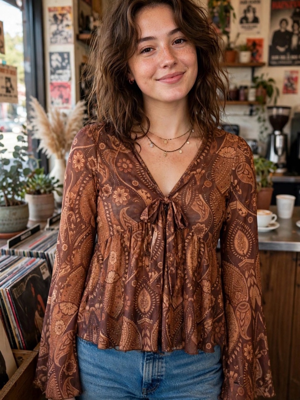 Bohemian Paisley V-Neck Peasant Blouse - Brown- 70s Indie Bell Sleeves-Y2K Fairy